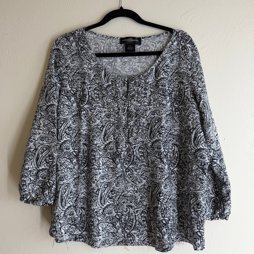 Vintage Karen Brooks paisley blouse keyhole neck sequin career top plus size 2X